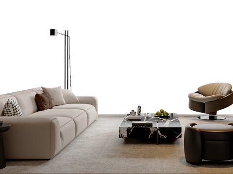 现代简约沙发茶几组合 休闲椅 休闲沙发 意式茶几 落地灯su模型