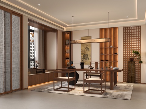 新中式茶室茶桌椅 宋氏茶台茶室背景 宋氏书房吊灯 宋氏禅意挂su模型