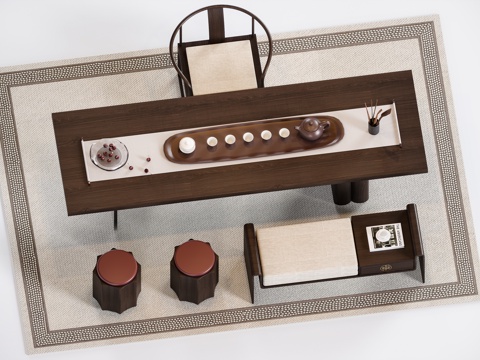 新中式茶桌椅组合su模型