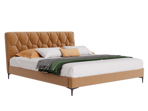  奶油风双人床3d模型 