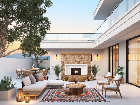 现代庭院景观  居家庭院 别墅庭院 户外沙发 户外餐桌 庭院su模型