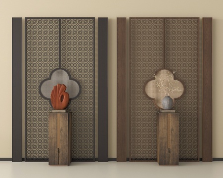 新中式玄关隔断 屏风 条案su模型