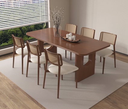 中古风餐桌椅 餐桌椅 花艺摆件su模型