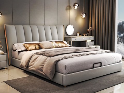  现代双人床 意式极简双人床 主卧床 落地床 软包床 轻奢床3d模型 