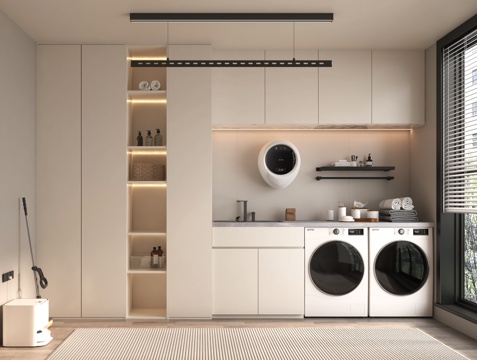 现代洗衣机柜 洗衣机 烘干机 壁挂式洗衣机 扫地机器人 卫浴su模型