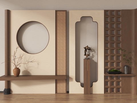 新中式玄关隔断 屏风玄关 端景台玄关 玄关背景su模型