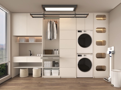 现代洗衣机柜 洗衣机 烘干机 卫浴小件su模型