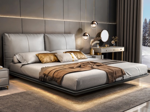  现代床 意式极简床 双人床 豆腐块床 轻奢床 悬浮床 皮革床3d模型 