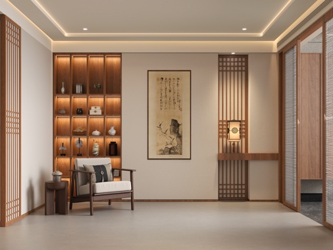 新中式茶室展示柜 宋氏茶室背景墙 宋氏玄关门厅吊灯 宋氏墙板su模型