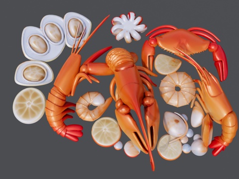 大虾螃蟹和河蚌等海鲜组合su模型