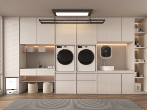 现代洗衣机柜 洗衣机 烘干机 壁挂式洗衣机 扫地机器人 卫浴su模型