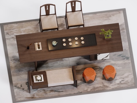 新中式茶桌椅组合su模型