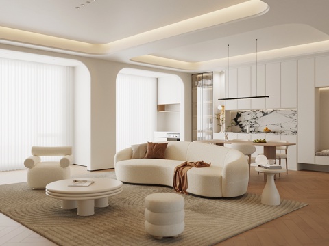 奶油风客餐厅 沙发茶几组合 餐桌椅 酒柜su模型