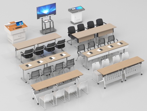 现代会议桌椅 移动显示屏 培训桌椅su模型