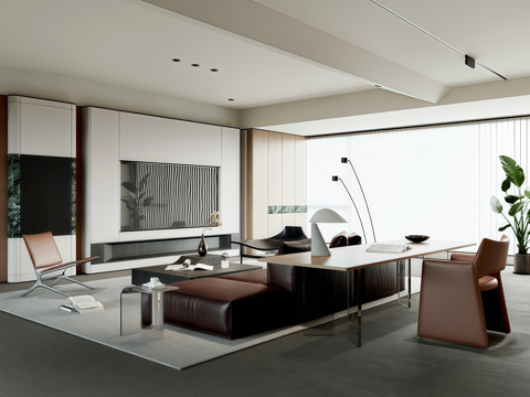 意式现代客厅 书房一体客厅 电视背景墙 沙发茶几 书桌椅su模型