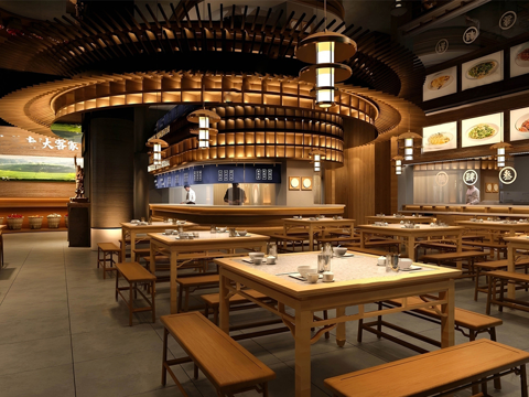 新中式中餐厅 餐桌椅组合 餐牌su模型