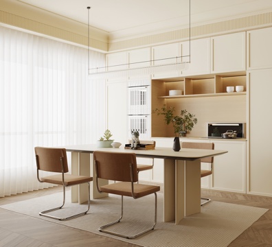 奶油风餐厅 餐桌椅 酒柜 餐边柜su模型