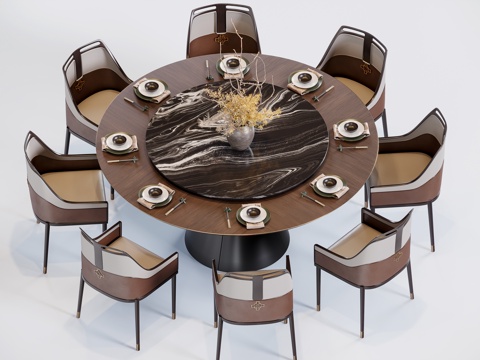 新中式圆餐桌 桌椅组合su模型