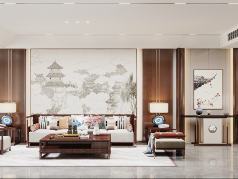  新中式客厅餐厅3d模型 