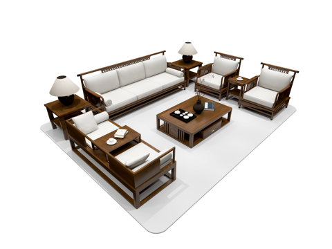 新中式沙发茶几 沙发组合su模型