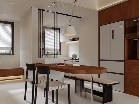  现代奶油中古风格餐厅3d模型 