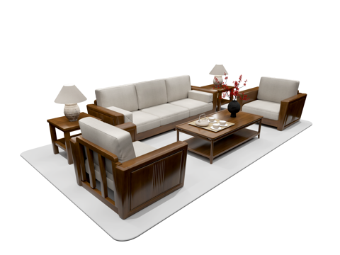 新中式沙发茶几组合 沙发组合su模型