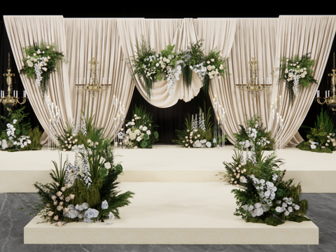 香槟色小众布幔  白绿美陈花艺su模型