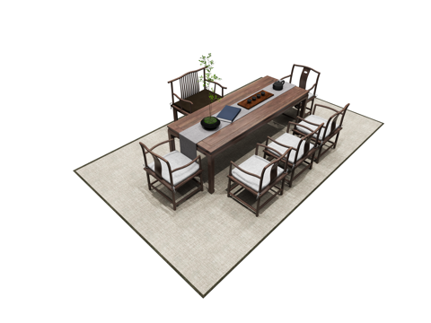 新中式茶桌椅组合su模型