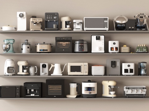 现代家用电器组合 厨房电器 烤箱 微波炉 咖啡机 饮水机 热su模型