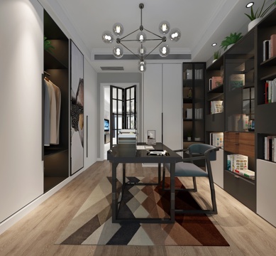  现代书房 吊灯 书柜3d模型 