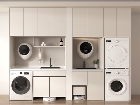 现代洗衣机柜 洗衣机 壁挂洗衣机 烘干机 扫地机器人su模型