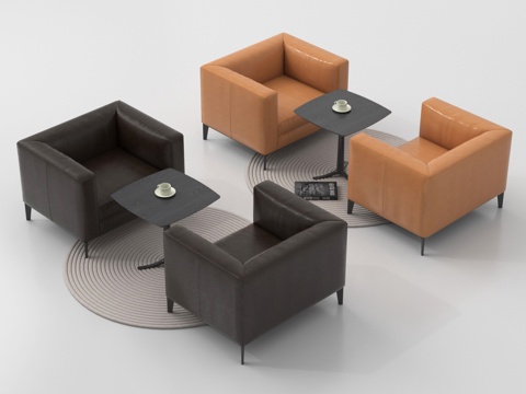 现代单人沙发组合 休闲沙发 皮质沙发 茶几su模型