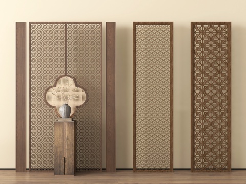 新中式隔断 木制隔断 屏风隔断su模型
