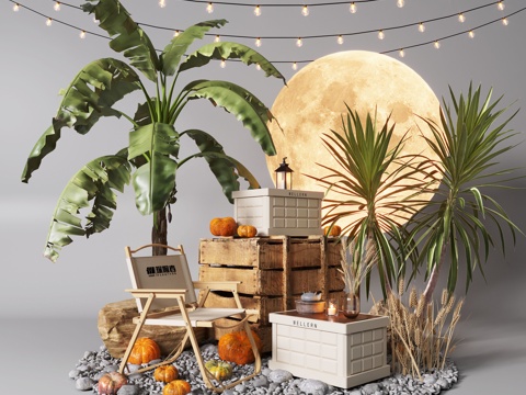 现代露营风植物造景 露营风造景装置 景观植物 露营椅su模型