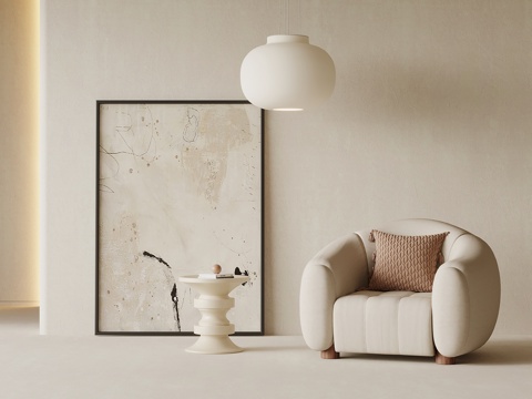 现代奶油风单人沙发 休闲沙发 边几 吊灯su模型