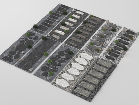 新中式汀步 园林石板路 碎石步道su模型