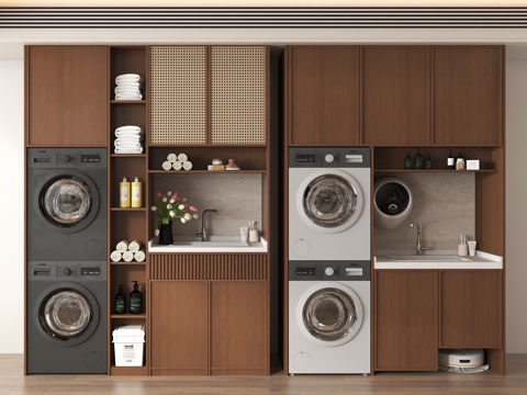 新中式洗衣机柜 洗衣机 壁挂洗衣机 烘干机 扫地机器人su模型