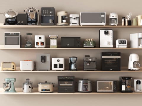 现代家用电器组合 厨房电器 烤箱 微波炉 咖啡机 饮水机 热su模型