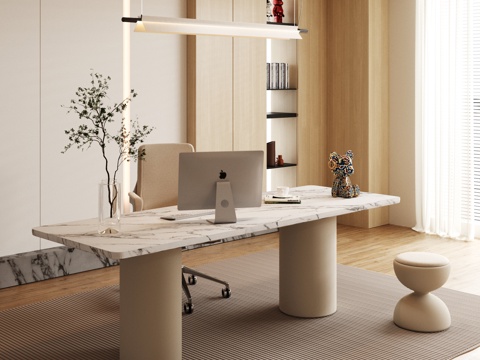 现代奶油风书桌椅su模型