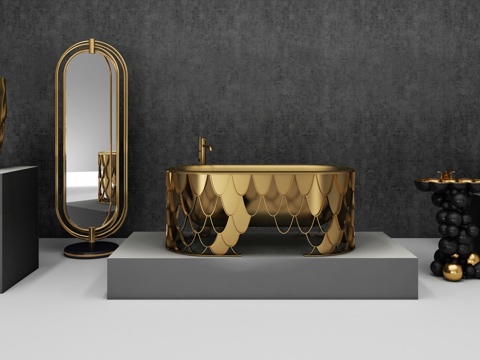  后现代奢华浴缸 现代卫浴用品洗手台洗漱用品 浴室镜柱盆3d模型 