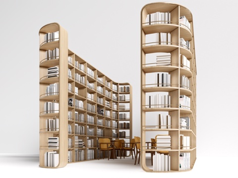 现代图书馆书架 书柜 图书馆书桌 休闲桌椅su模型