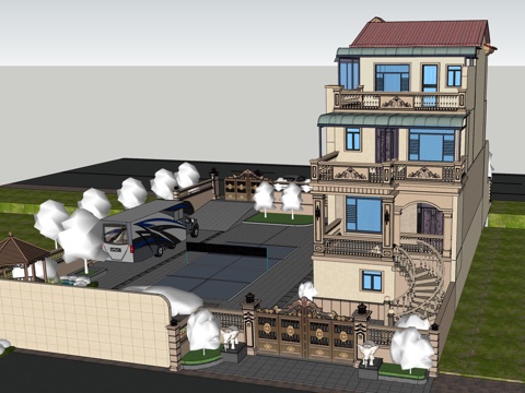 欧式别墅外观  大理石拦河 瓦面su模型