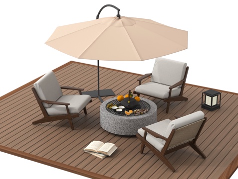 现代户外桌椅 休闲桌椅 围炉煮茶 遮阳伞su模型