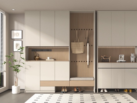 现代鞋柜 玄关鞋柜 换鞋凳 高柜 木材 摆件su模型