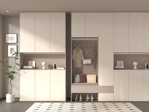 现代鞋柜 玄关鞋柜 换鞋凳 高柜 木材 摆件su模型