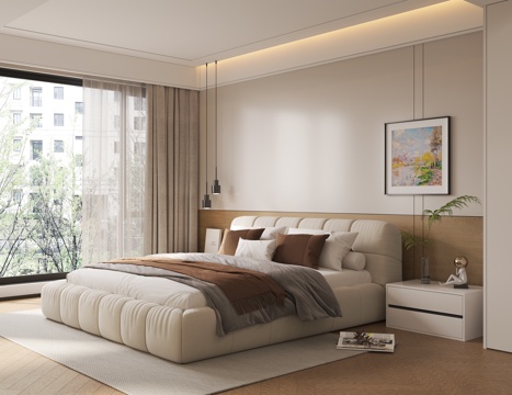  现代简约家居卧室 奶油风卧室 主卧 次卧 无主灯卧室 双人床3d模型 