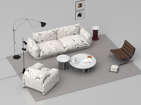 中古单人沙发 双人沙发 茶几 落地灯su模型