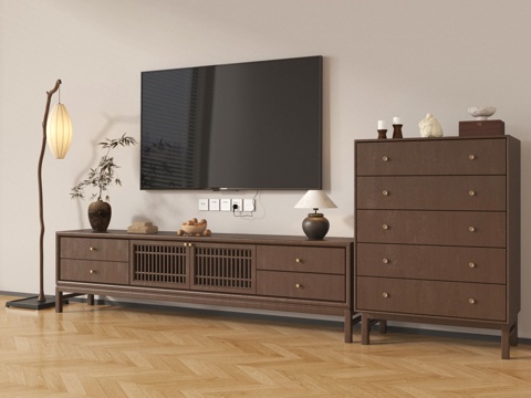 新中式电视柜 电视 斗柜 落地灯su模型