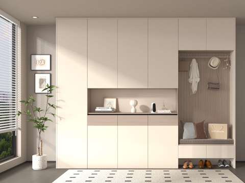 现代鞋柜 玄关鞋柜 换鞋凳 高柜 木材 摆件su模型