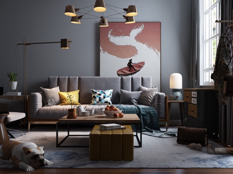  北欧现代北欧客厅餐厅 沙发茶几 吊灯 挂画3d模型 